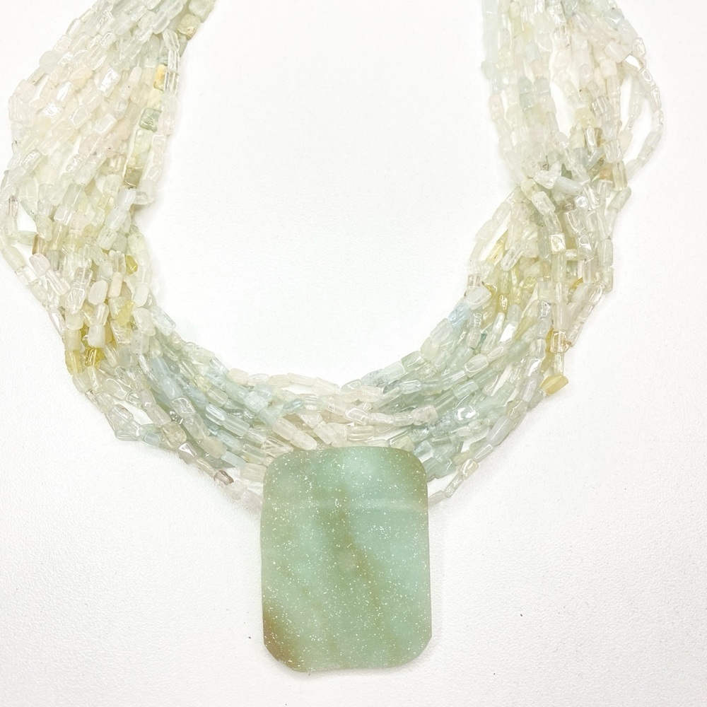 Vintage Pale Green Multi-Strand Beaded Necklace with Rectangular Pendant - Picture 13 of 15